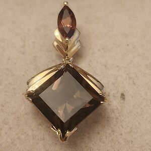 14KT YELLOW GOLD PRINCESS CUT SMOKY QUARTZ & CITRINE PENDANT VINTAGE